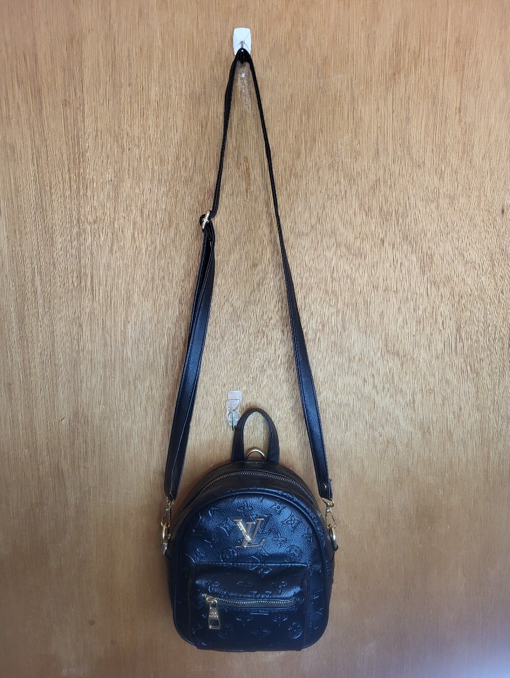 Designer Inspired Black Embossed Mini Backpack with Gold Hardware. - Picture 2 of 16
